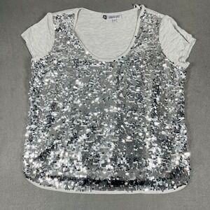 Jennifer Lopez Silver Sequin Scoop Neck Tee Women's XL Glam Night Out‎ T-Shirt